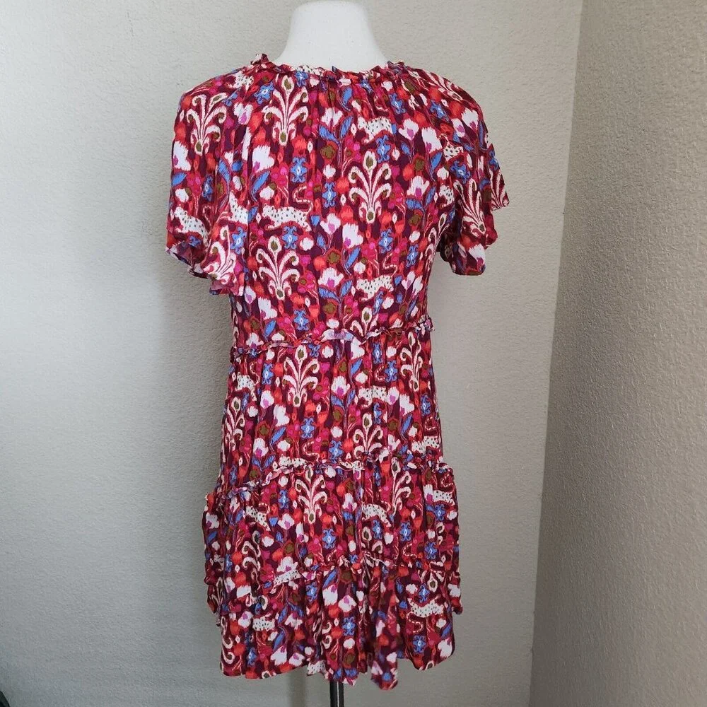Anthropologie Robin Floral Ruffle Tiered Mini Dress Size XS‎ Oversized Pink Red